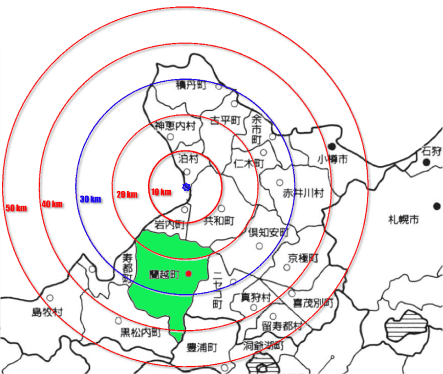 北海道電力泊発電所から30km圏内地図
