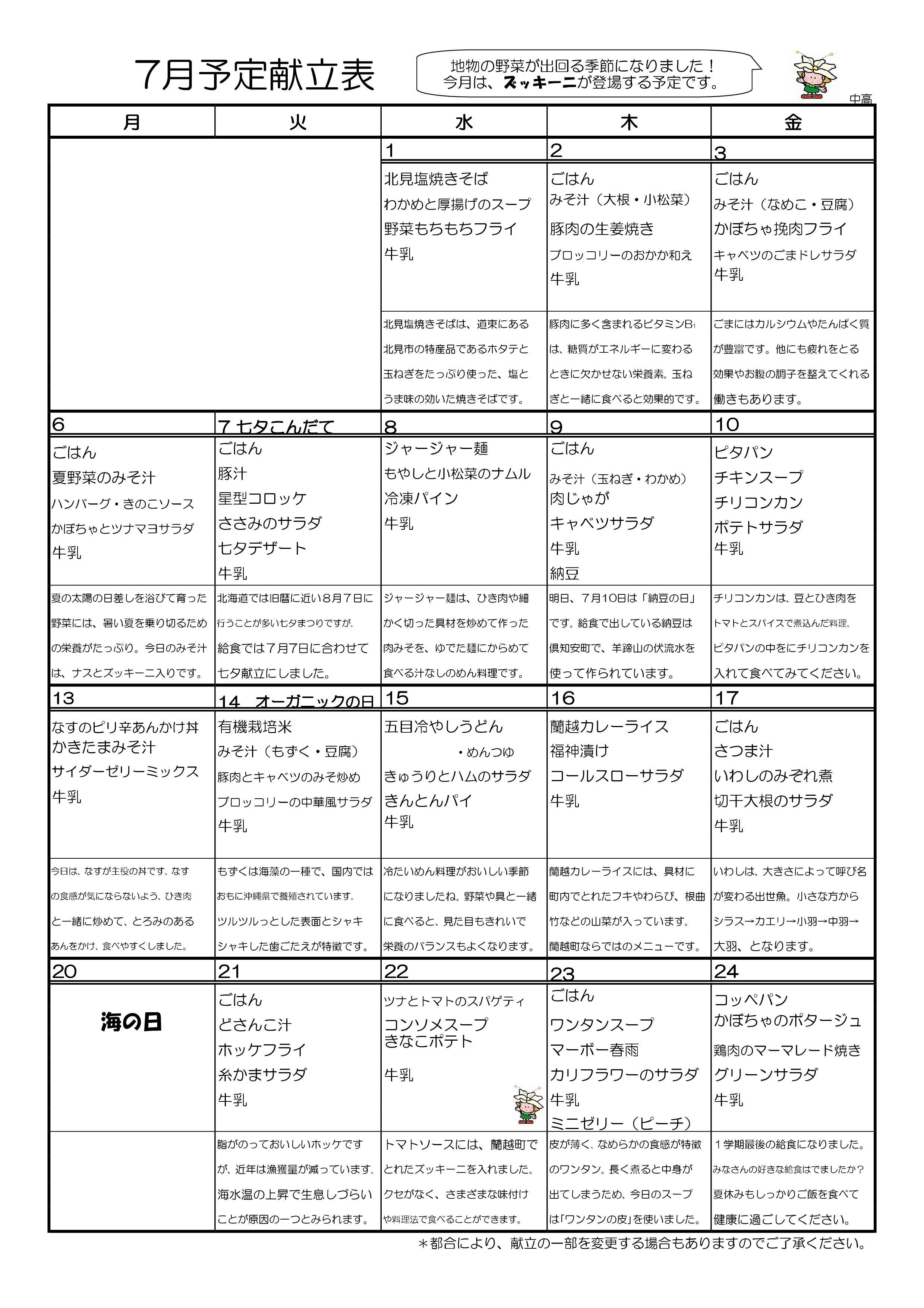 7月献立（小学校・中学校）