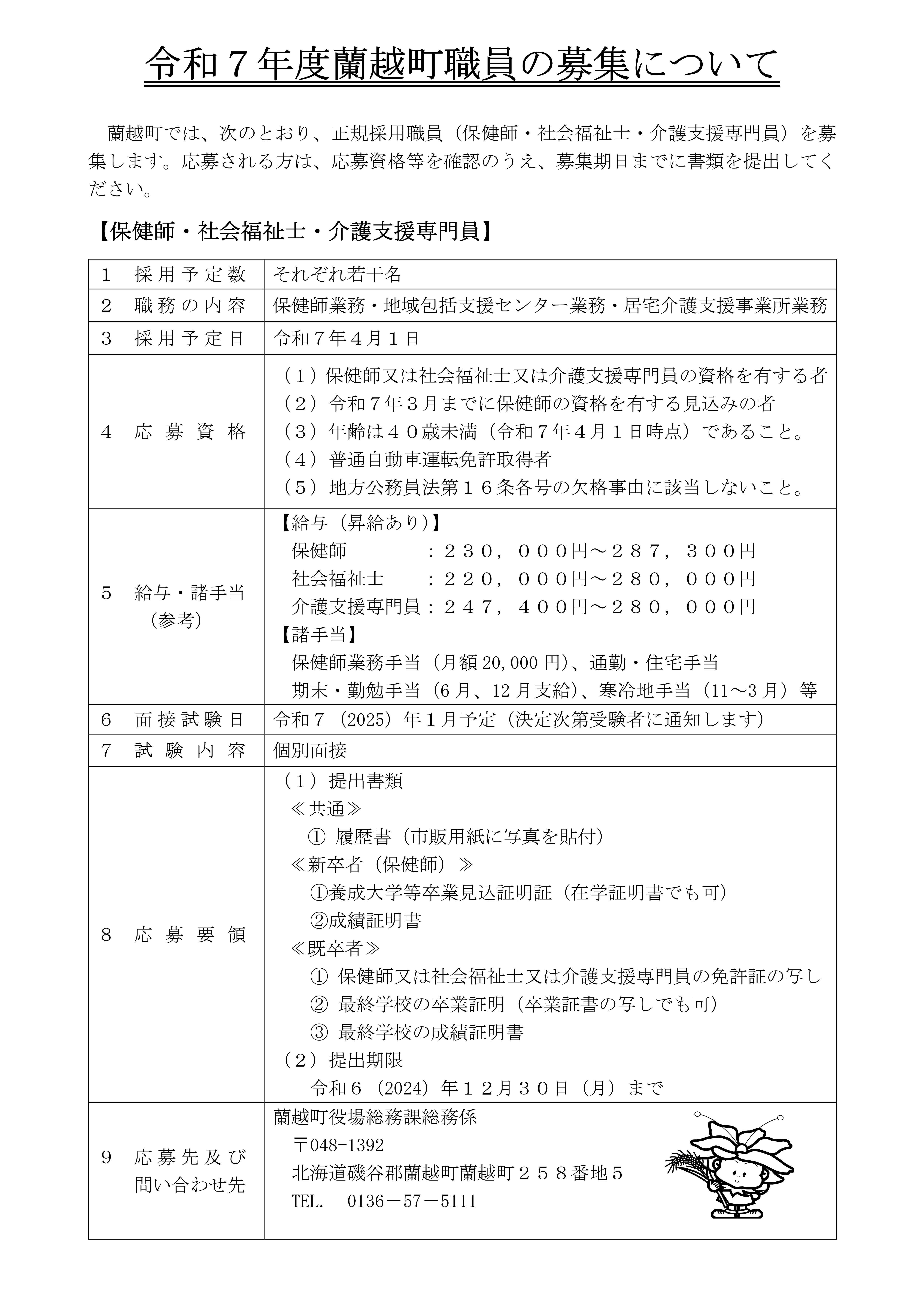 令和７年度蘭越町職員の募集について（保健師・社会福祉士・介護支援専門員）