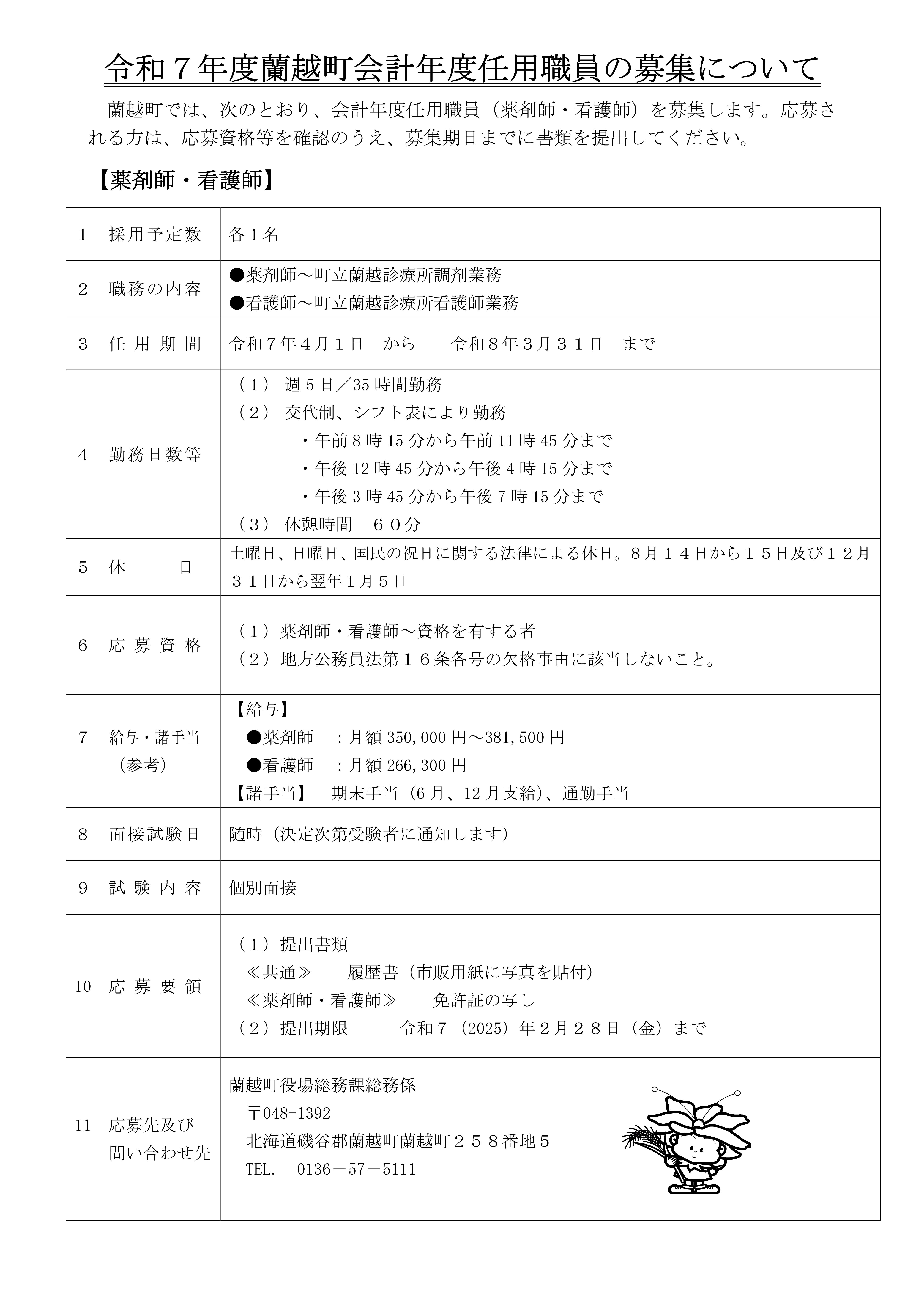 令和７年度蘭越町職員の募集について（蘭越診療所　薬剤師　看護師）