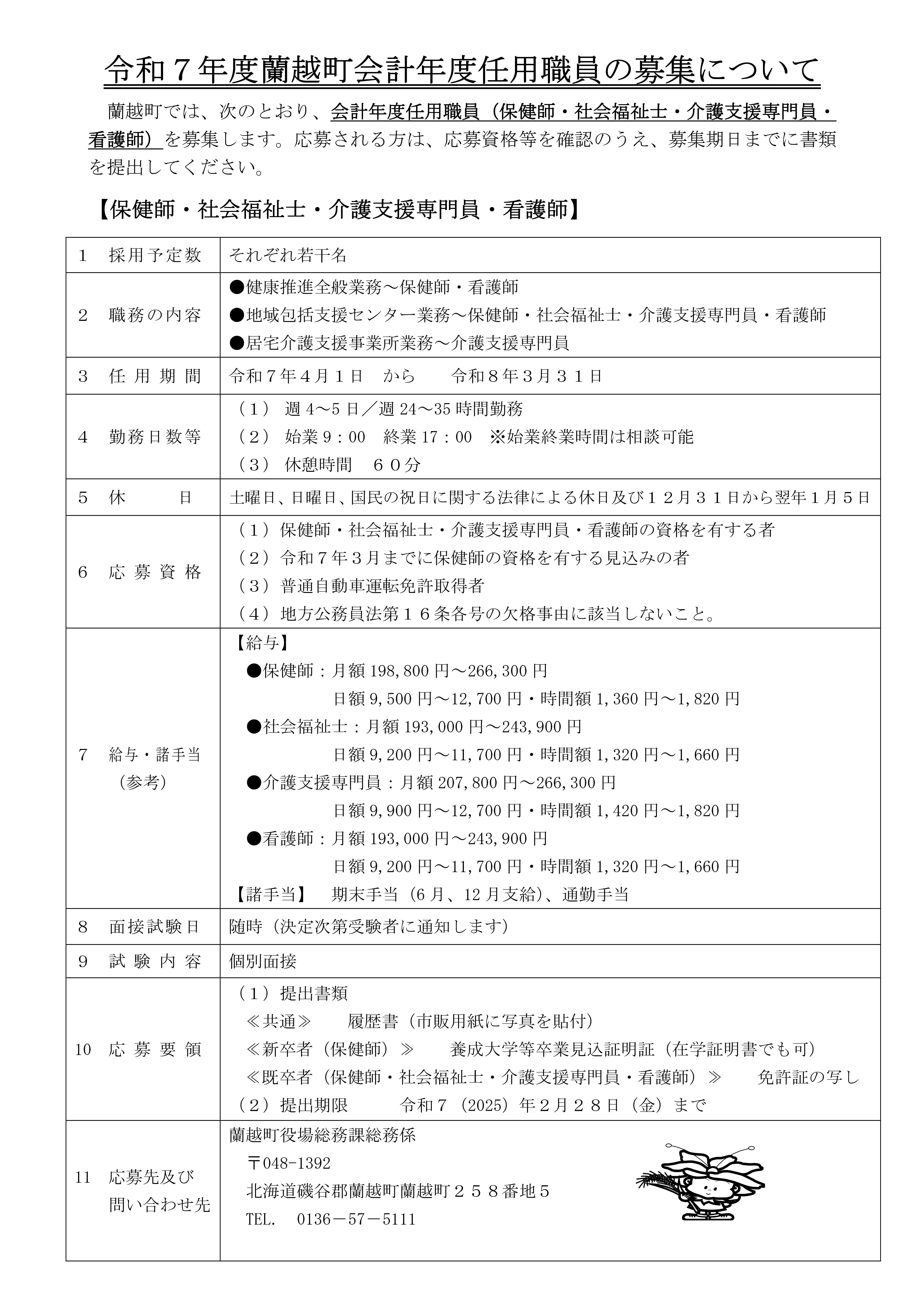 令和７年度蘭越町会計年度任用職員の募集について（保健師・社会福祉士・介護支援専門員・看護師）