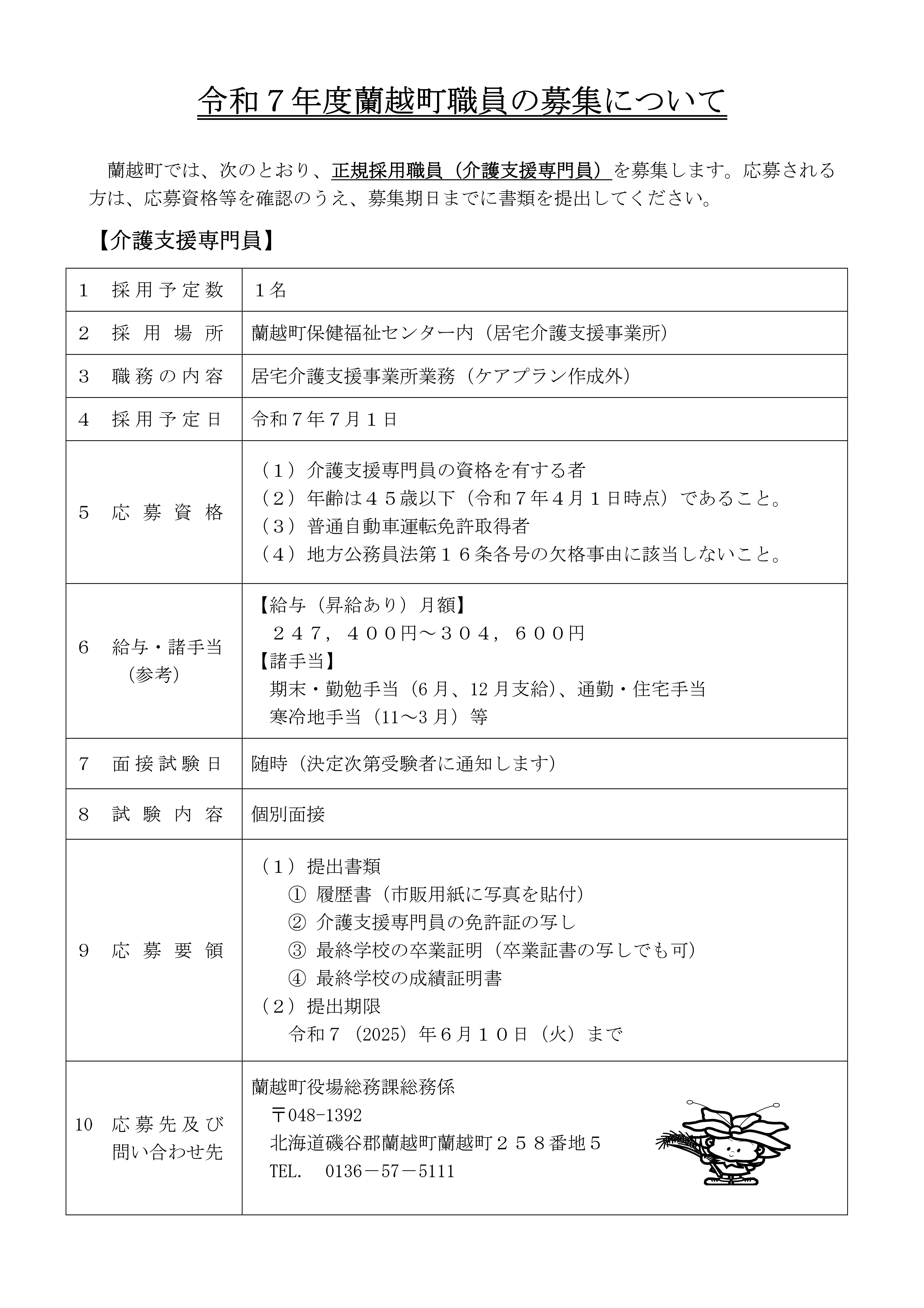 令和７年度蘭越町職員（正職員）の募集について（介護支援専門員）